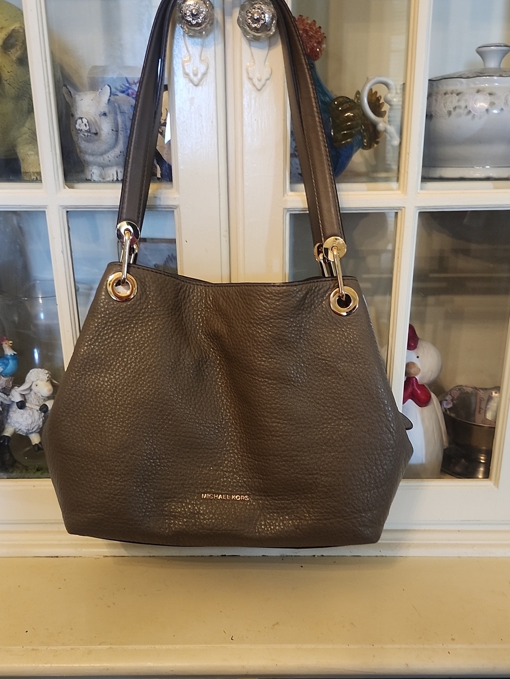 Michael Kors Taupe Pebbled Leather Shoulder Bag with Gold Hardware